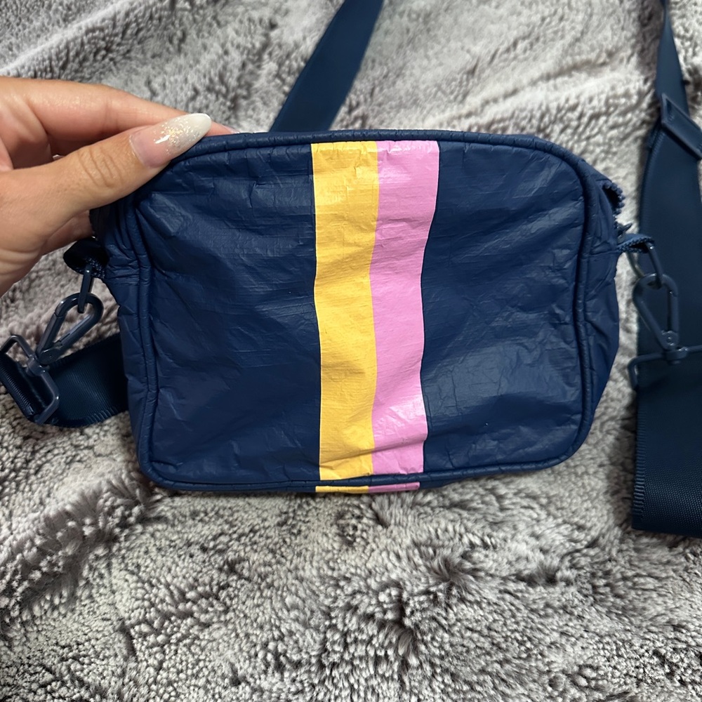 Aloha Collection Navy Crossbody Bag with Pink and Yellow Stripe
